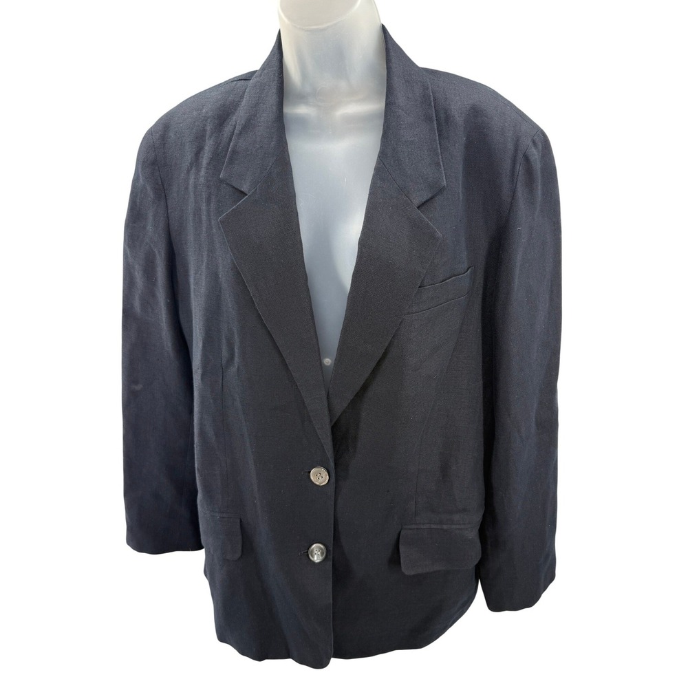 Talbots Womens 100% Irish Linen Navy Blue Two Button Blazer Jacket Size 14